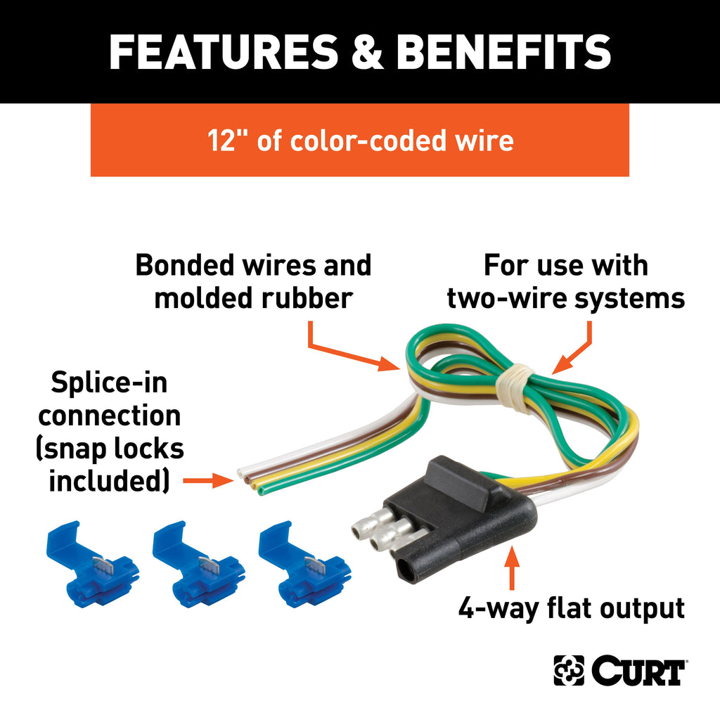 CURT 58033 4-Way Flat Connector Plug with 12" Wires and Hardware (Trailer Side, Packaged)