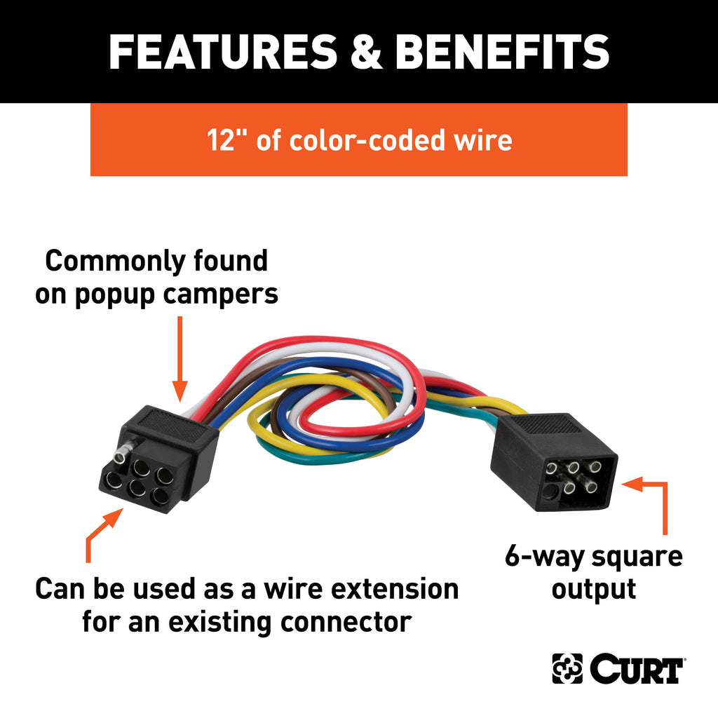 CURT 58034 6-Way Square Connector Plug & Socket with 12" Wires (Packaged)