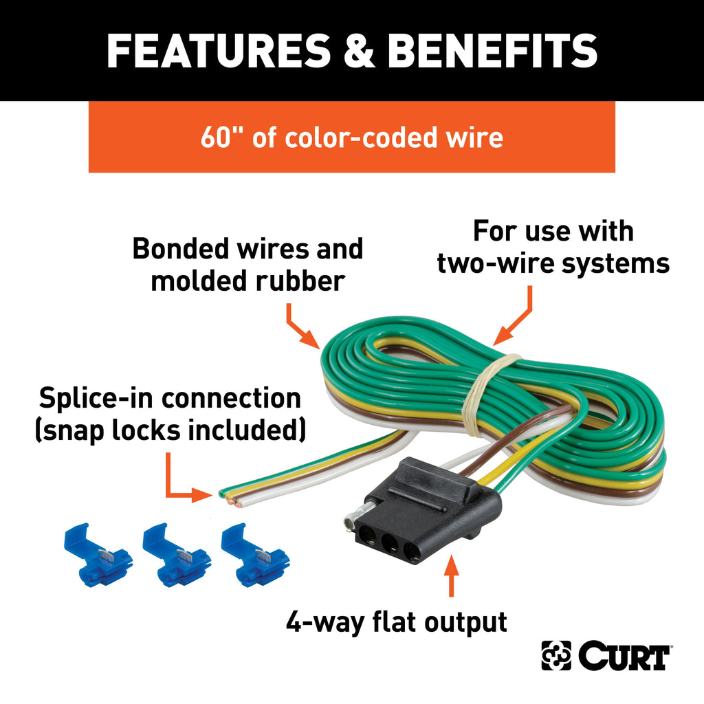 CURT 58044 4-Way Flat Connector Socket with 60" Wires & Hardware (Vehicle Side, Packaged)