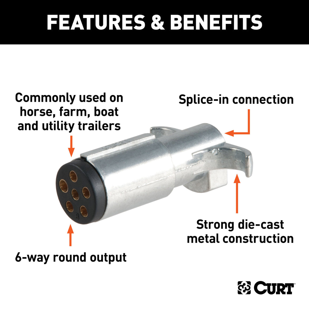 CURT 58081 6-Way Round Connector Plug (Trailer Side, Packaged)