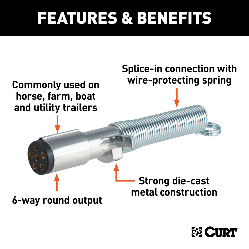 CURT 58082 6-Way Round Connector Plug with Spring (Trailer Side)