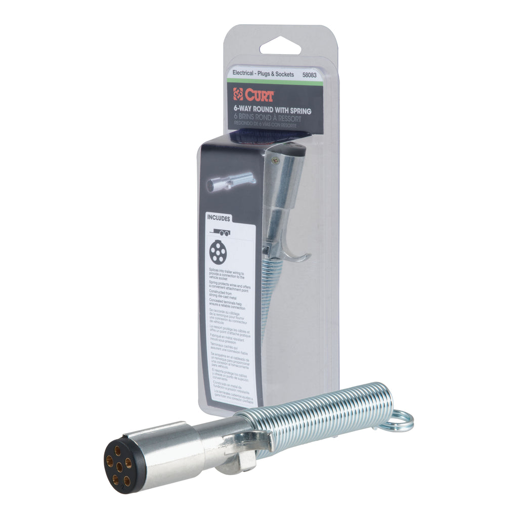 CURT 58083 6-Way Round Connector Plug with Spring (Trailer Side, Packaged)