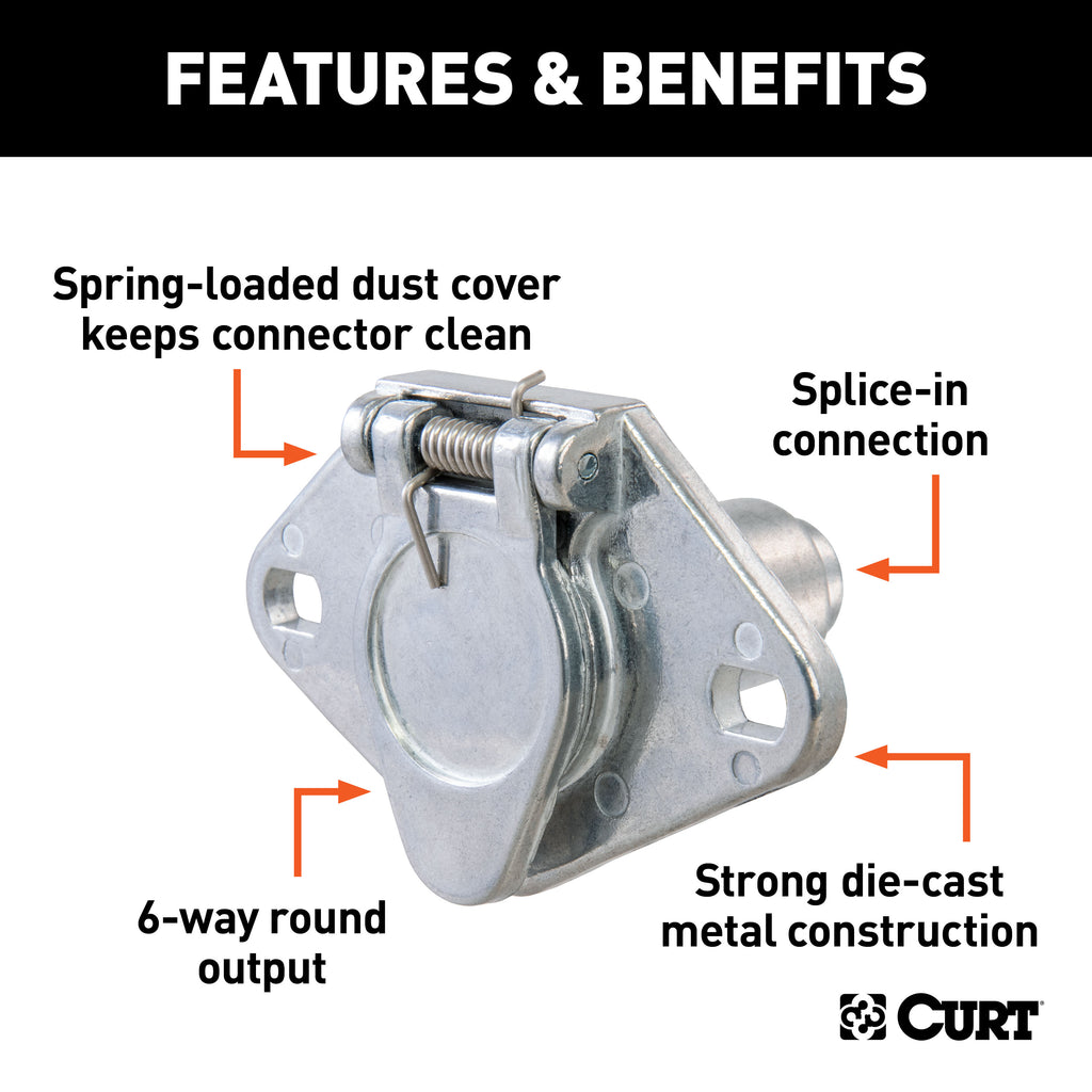 CURT 58091 6-Way Round Connector Socket (Vehicle Side, Packaged)