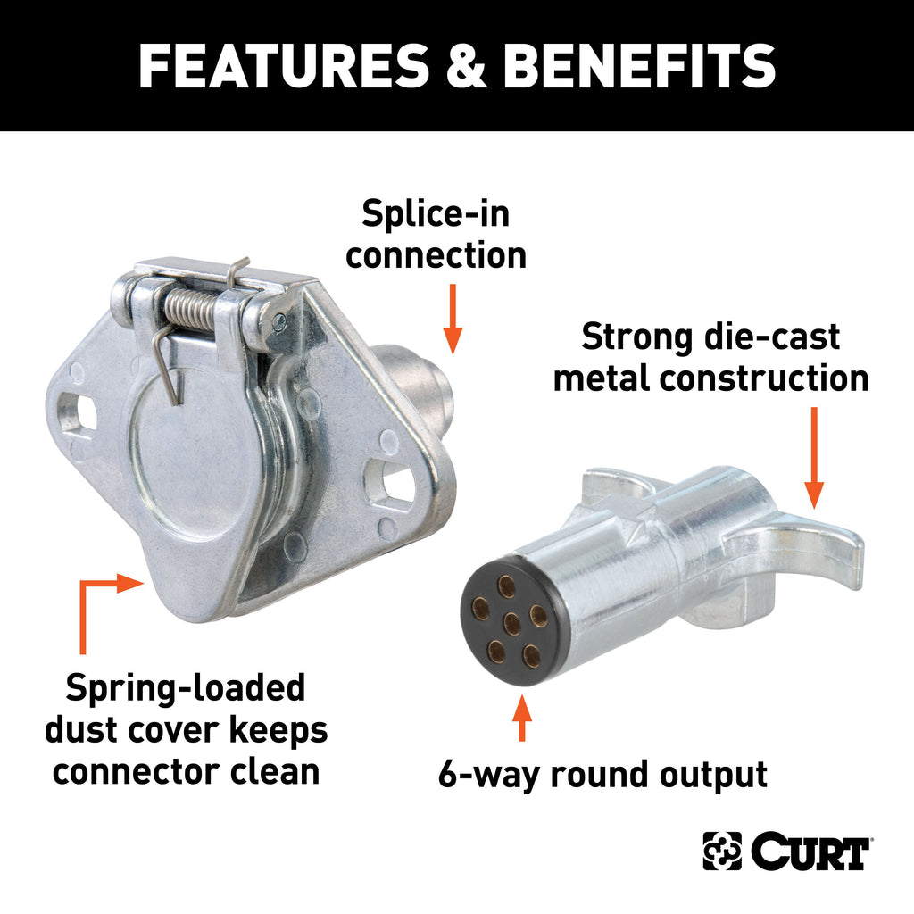 CURT 58092 6-Way Round Connector Plug & Socket (Packaged)