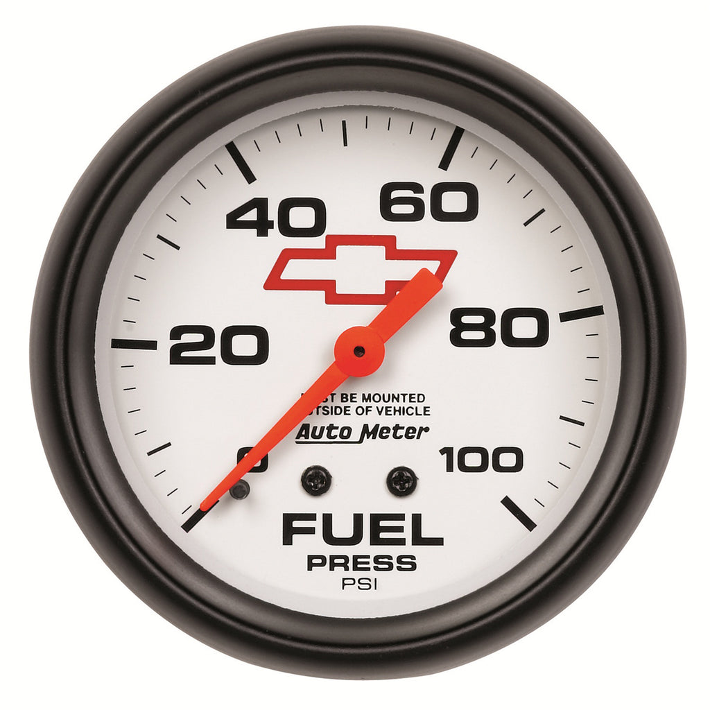 AutoMeter 5812-00406 GAUGE, FUEL PRESS, 2 5/8", 100PSI, MECHANICAL, CHEVY RED BOWTIE, WHITE