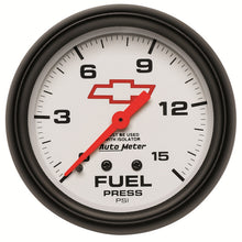 Load image into Gallery viewer, AutoMeter 5813-00406 GAUGE, FUEL PRESS, 2 5/8", 15PSI, MECH W/ISOLATOR, CHEVY RED BOWTIE, WHITE