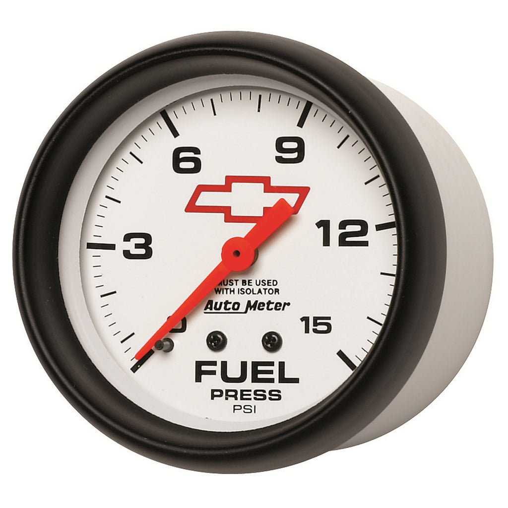 AutoMeter 5813-00406 GAUGE, FUEL PRESS, 2 5/8", 15PSI, MECH W/ISOLATOR, CHEVY RED BOWTIE, WHITE