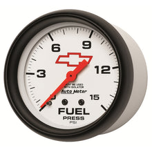 Load image into Gallery viewer, AutoMeter 5813-00406 GAUGE, FUEL PRESS, 2 5/8", 15PSI, MECH W/ISOLATOR, CHEVY RED BOWTIE, WHITE