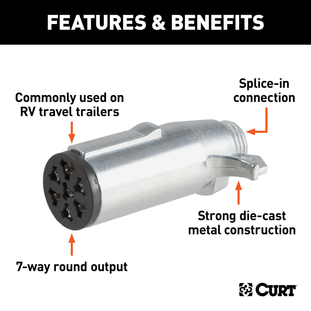 CURT 58161 7-Way Round Connector Plug (Trailer Side, Packaged)