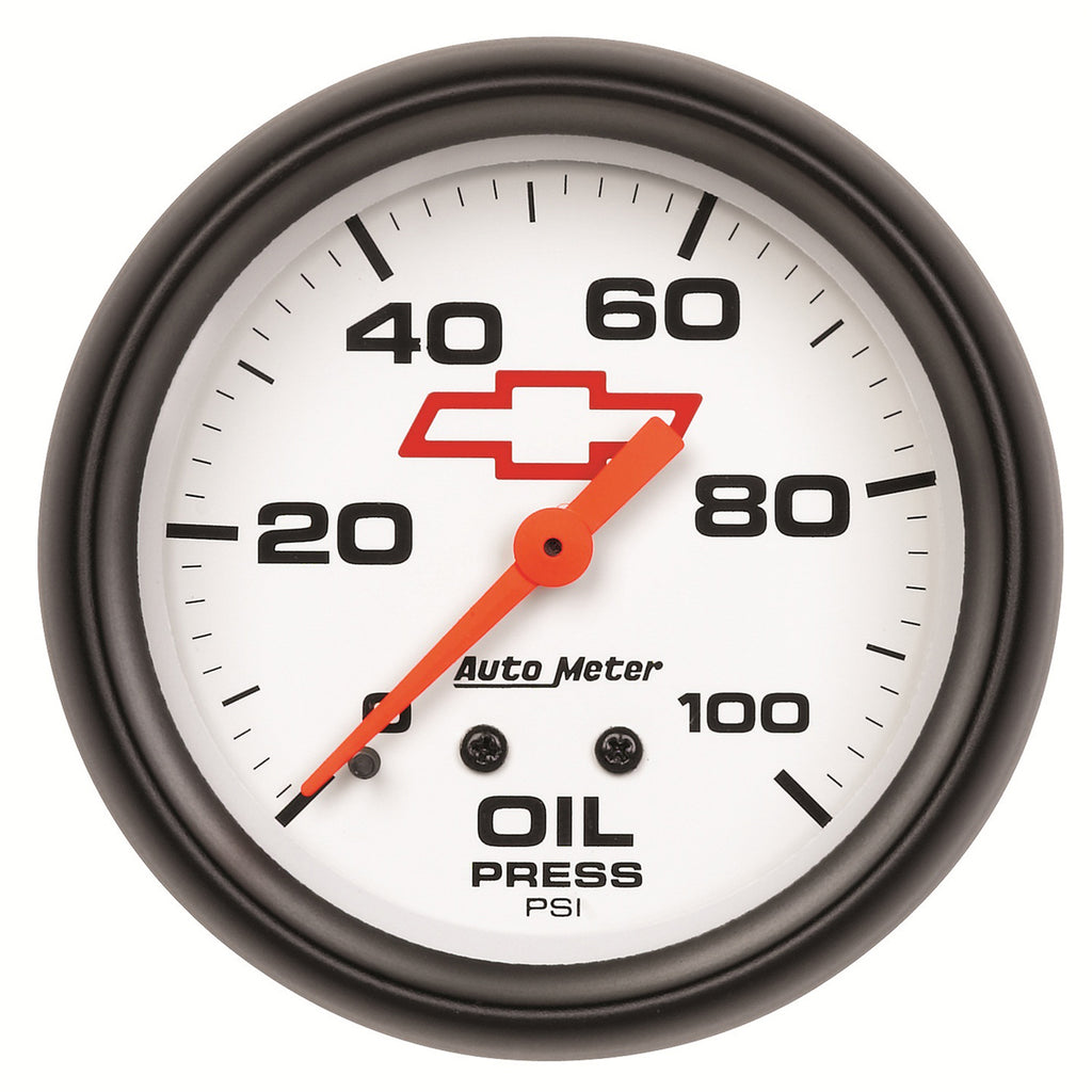 AutoMeter 5821-00406 GAUGE, OIL PRESSURE, 2 5/8", 100PSI, MECHANICAL, CHEVY RED BOWTIE, WHITE