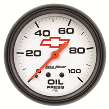 Load image into Gallery viewer, AutoMeter 5821-00406 GAUGE, OIL PRESSURE, 2 5/8", 100PSI, MECHANICAL, CHEVY RED BOWTIE, WHITE