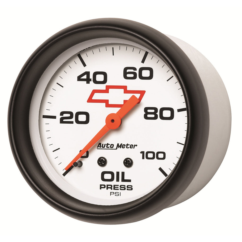 AutoMeter 5821-00406 GAUGE, OIL PRESSURE, 2 5/8", 100PSI, MECHANICAL, CHEVY RED BOWTIE, WHITE