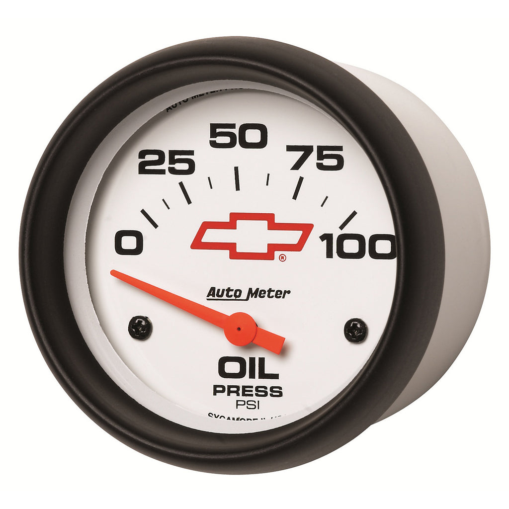 AutoMeter 5827-00406 GAUGE, OIL PRESSURE, 2 5/8", 100PSI, ELECTRIC, CHEVY RED BOWTIE, WHITE