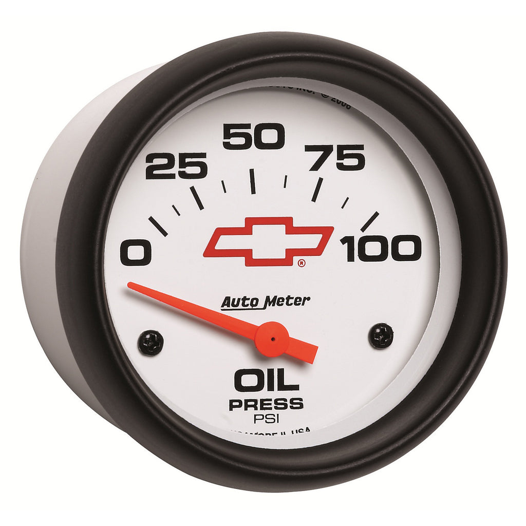 AutoMeter 5827-00406 GAUGE, OIL PRESSURE, 2 5/8", 100PSI, ELECTRIC, CHEVY RED BOWTIE, WHITE