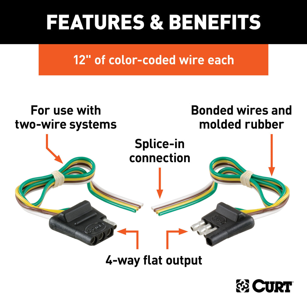 CURT 58304 4-Way Flat Connector Plug & Socket with 12" Wires Each (Packaged)