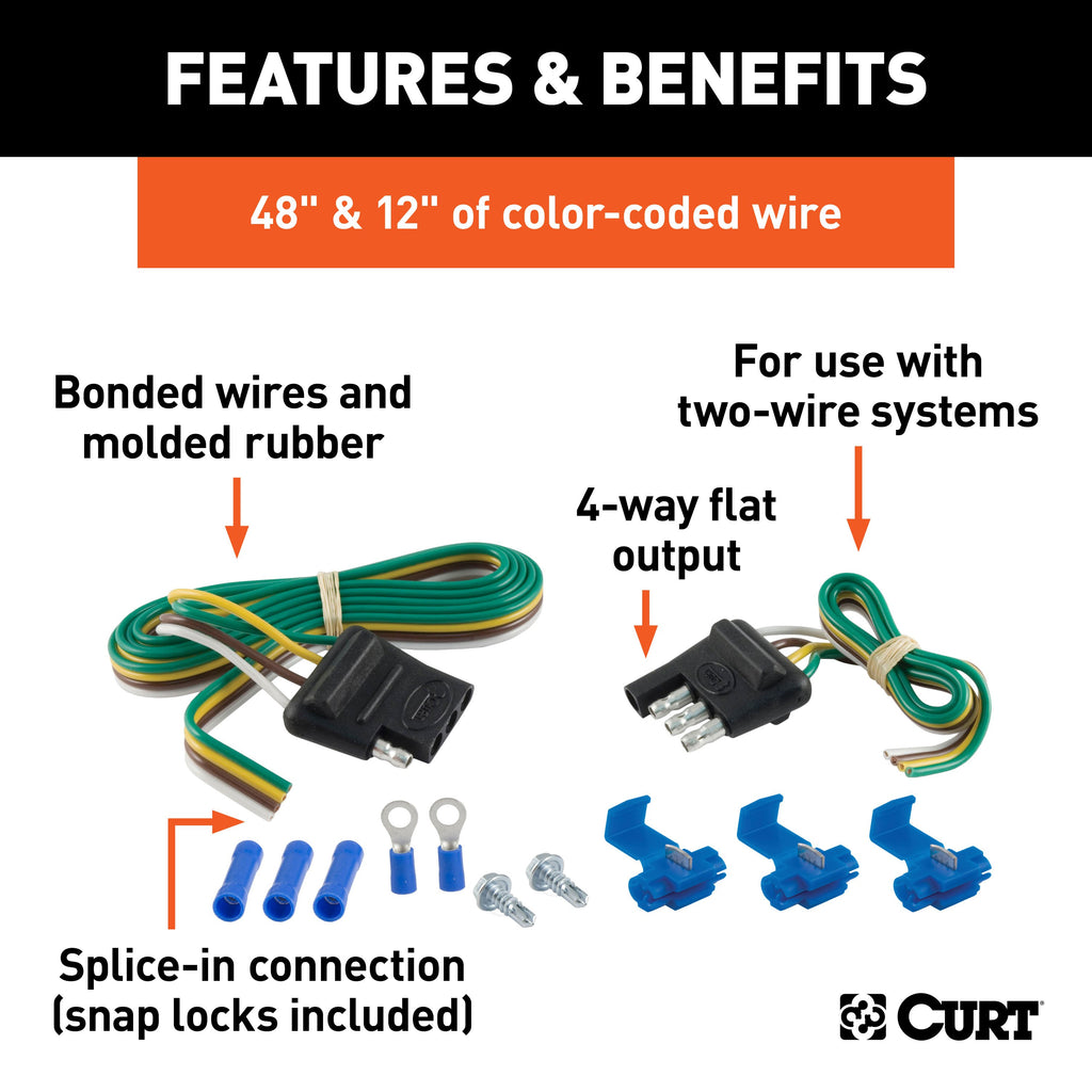 CURT 58305 4-Way Flat Connector Plug & Socket with 12" & 48" Wires & Hardware (Packaged)