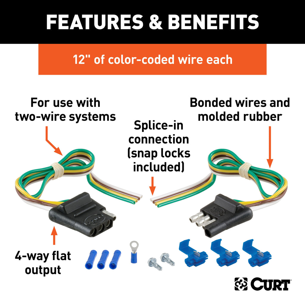 CURT 58344 4-Way Flat Connector Plug & Socket with 12" Wires Each & Hardware (Packaged)