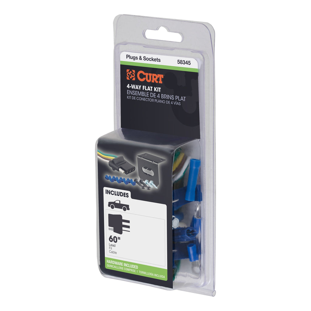 CURT 58345 4-Way Flat Connector Socket with Hardware (Vehicle Side, Packaged)