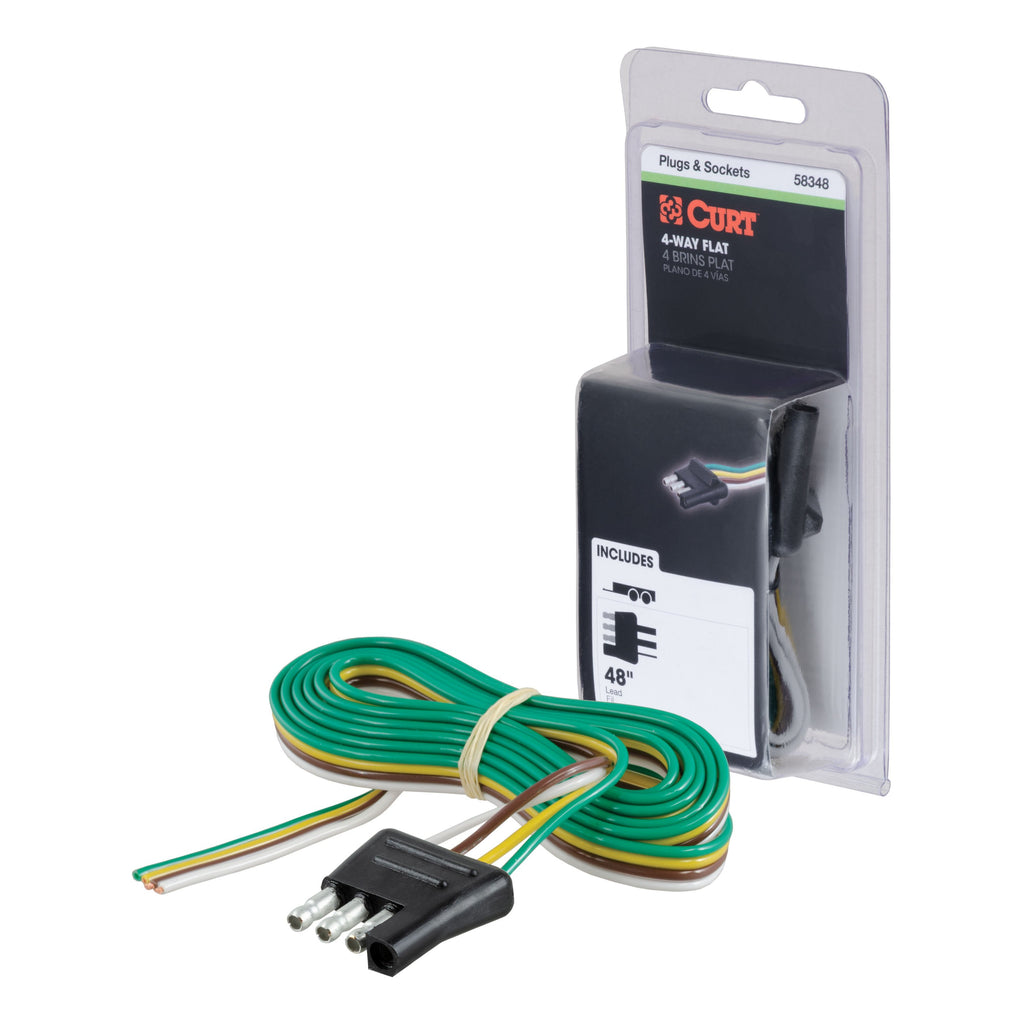CURT 58348 4-Way Flat Connector Plug with 48" Wires (Trailer Side, Packaged)