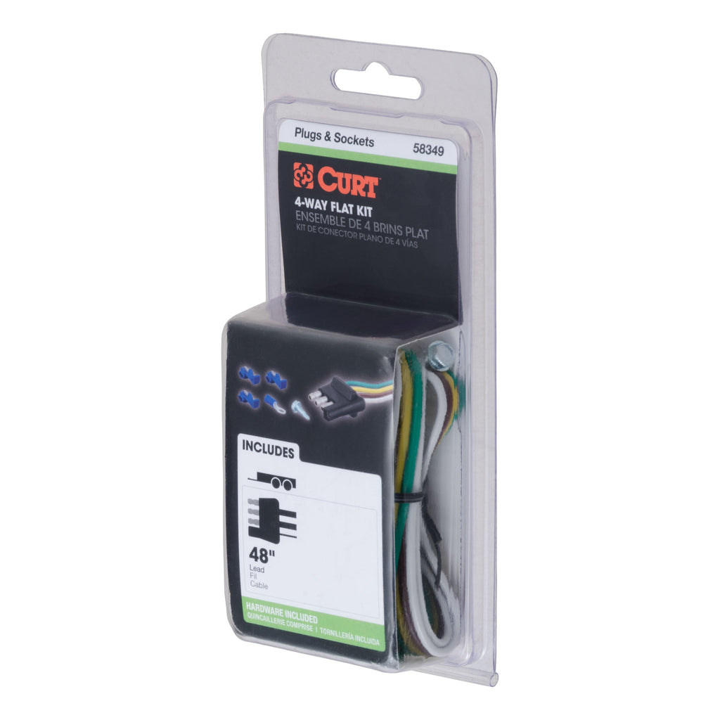 CURT 58349 4-Way Flat Connector Plug with 48" Wires & Hardware (Trailer Side, Packaged)