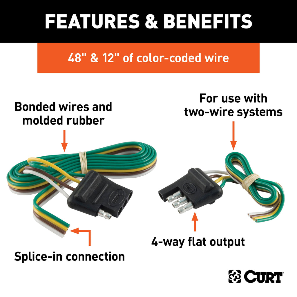 CURT 58355 4-Way Flat Connector Plug & Socket with 12" & 48" Wires (Packaged)
