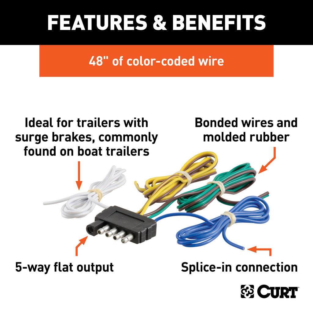 CURT 58541 5-Way Flat Connector Plug with 48" Wires (Trailer Side, Packaged)