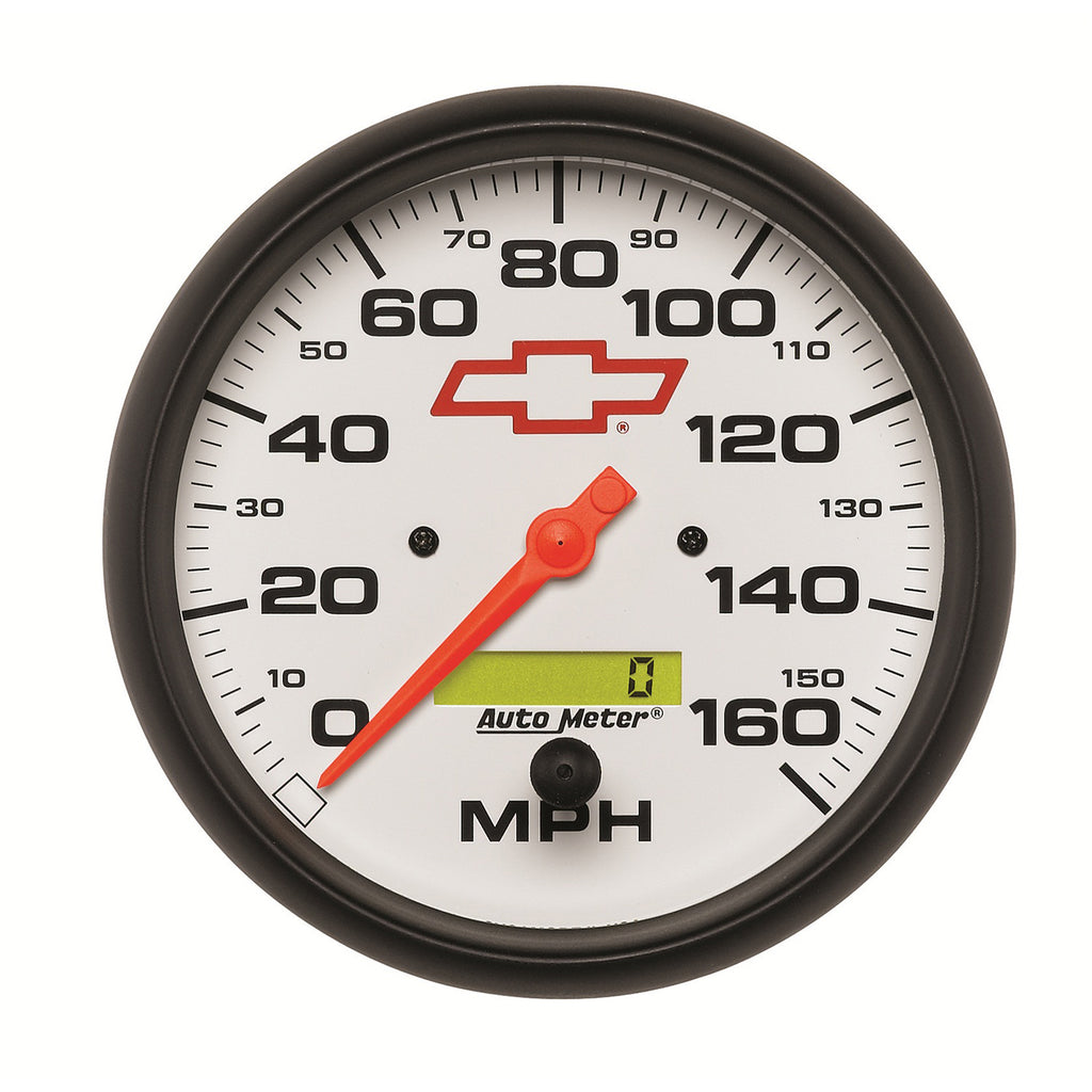 AutoMeter 5889-00406 GAUGE, SPEEDOMETER, 5", 160MPH, ELEC. PROGRAMMABLE, CHEVY RED BOWTIE, WHITE