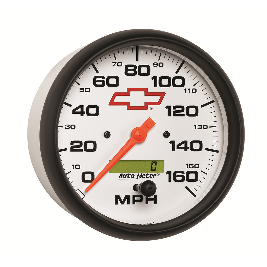 AutoMeter 5889-00406 GAUGE, SPEEDOMETER, 5", 160MPH, ELEC. PROGRAMMABLE, CHEVY RED BOWTIE, WHITE