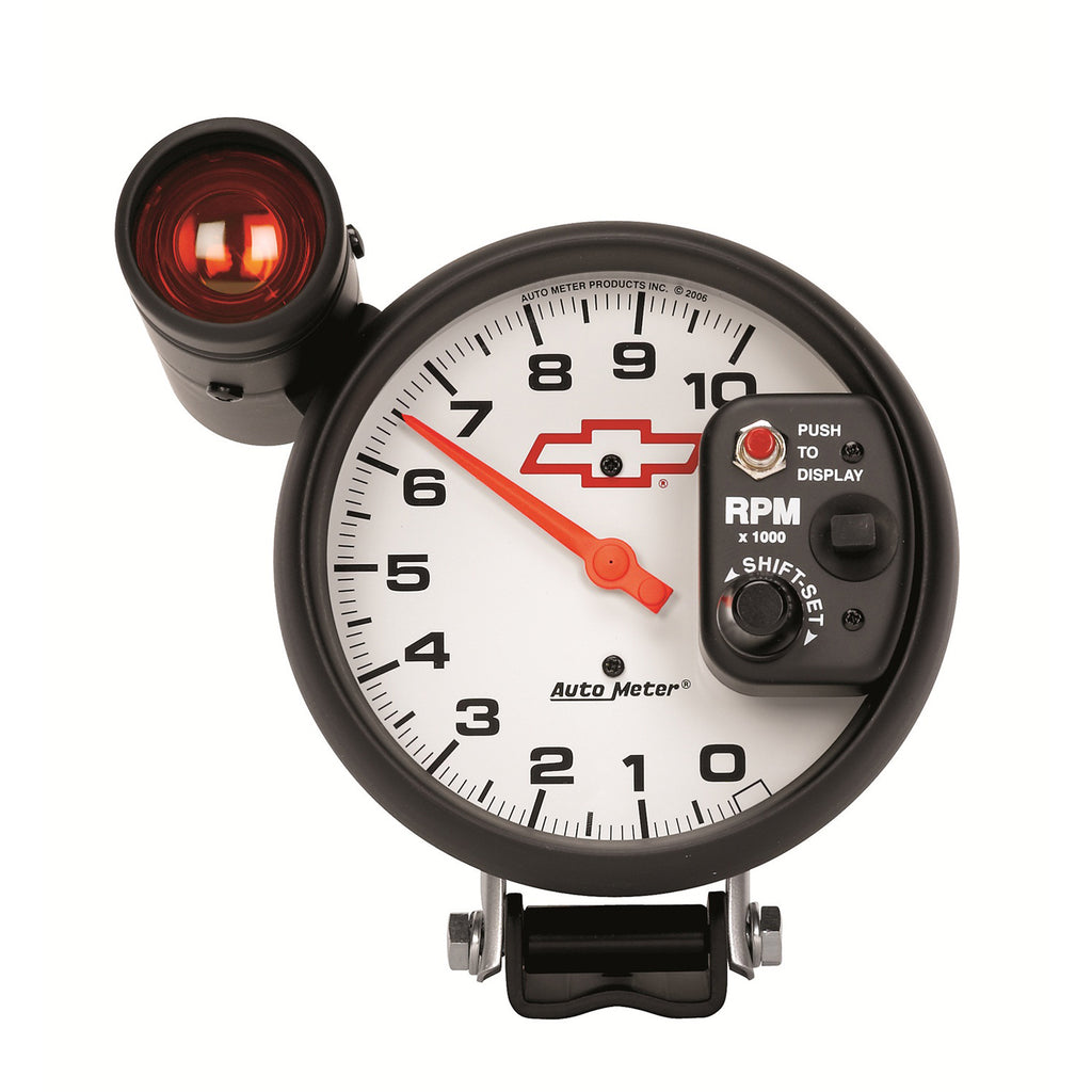 AutoMeter 5899-00406 GAUGE, TACH, 5", 10K RPM, PEDESTAL W/ EXT. SHIFT-LITE, CHEVY RED BOWTIE, WHITE