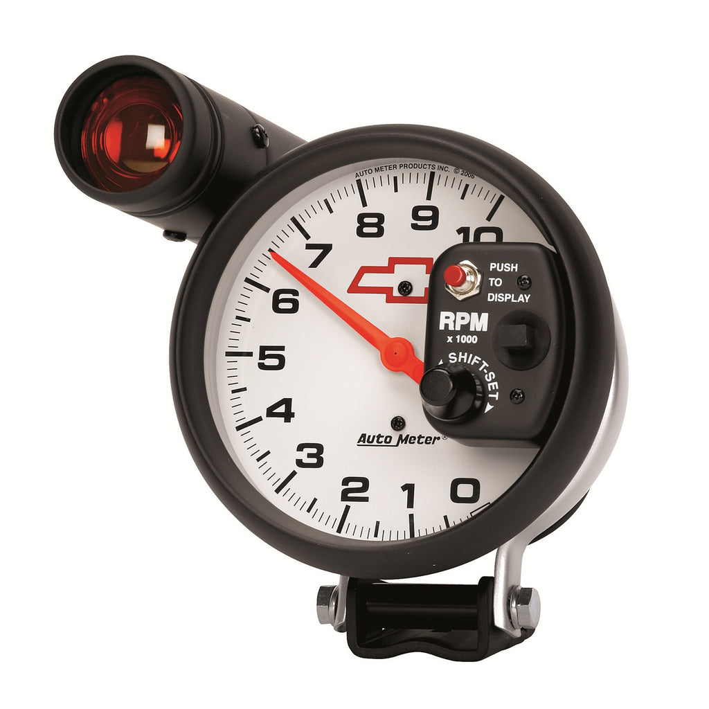 AutoMeter 5899-00406 GAUGE, TACH, 5", 10K RPM, PEDESTAL W/ EXT. SHIFT-LITE, CHEVY RED BOWTIE, WHITE