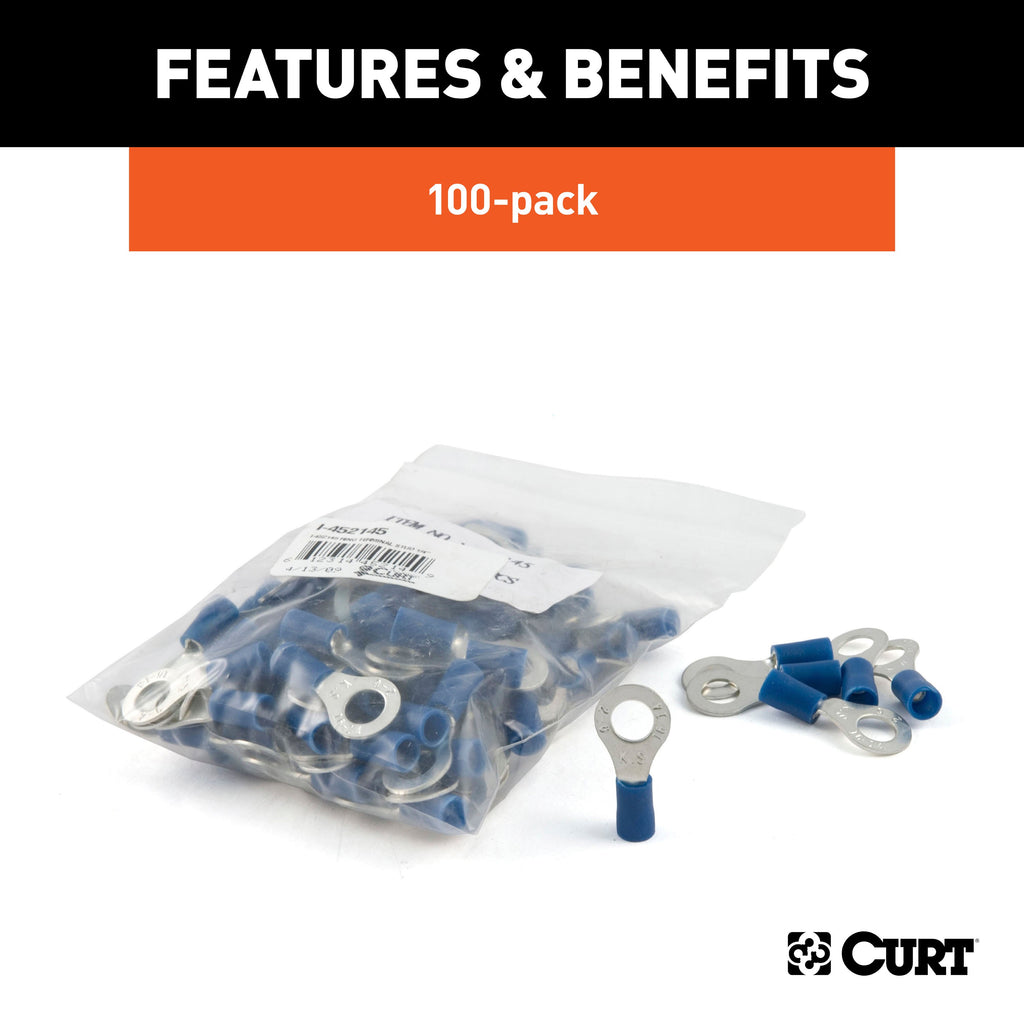 CURT 59522 Ring Terminals (16-14 Wire Gauge, 1/4" Stud Size, 100-Pack)