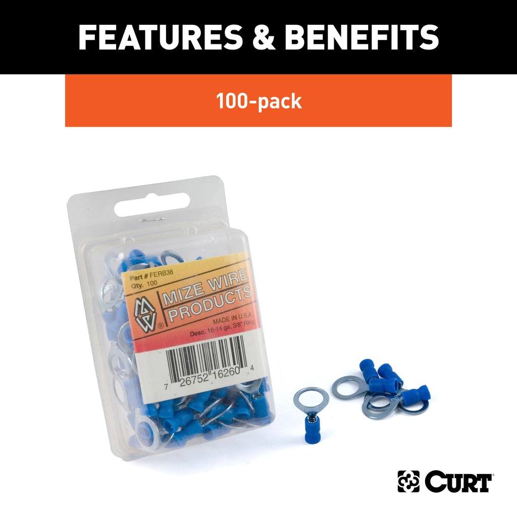CURT 59523 Ring Terminals (16-14 Wire Gauge, 3/8" Stud Size, 100-Pack)