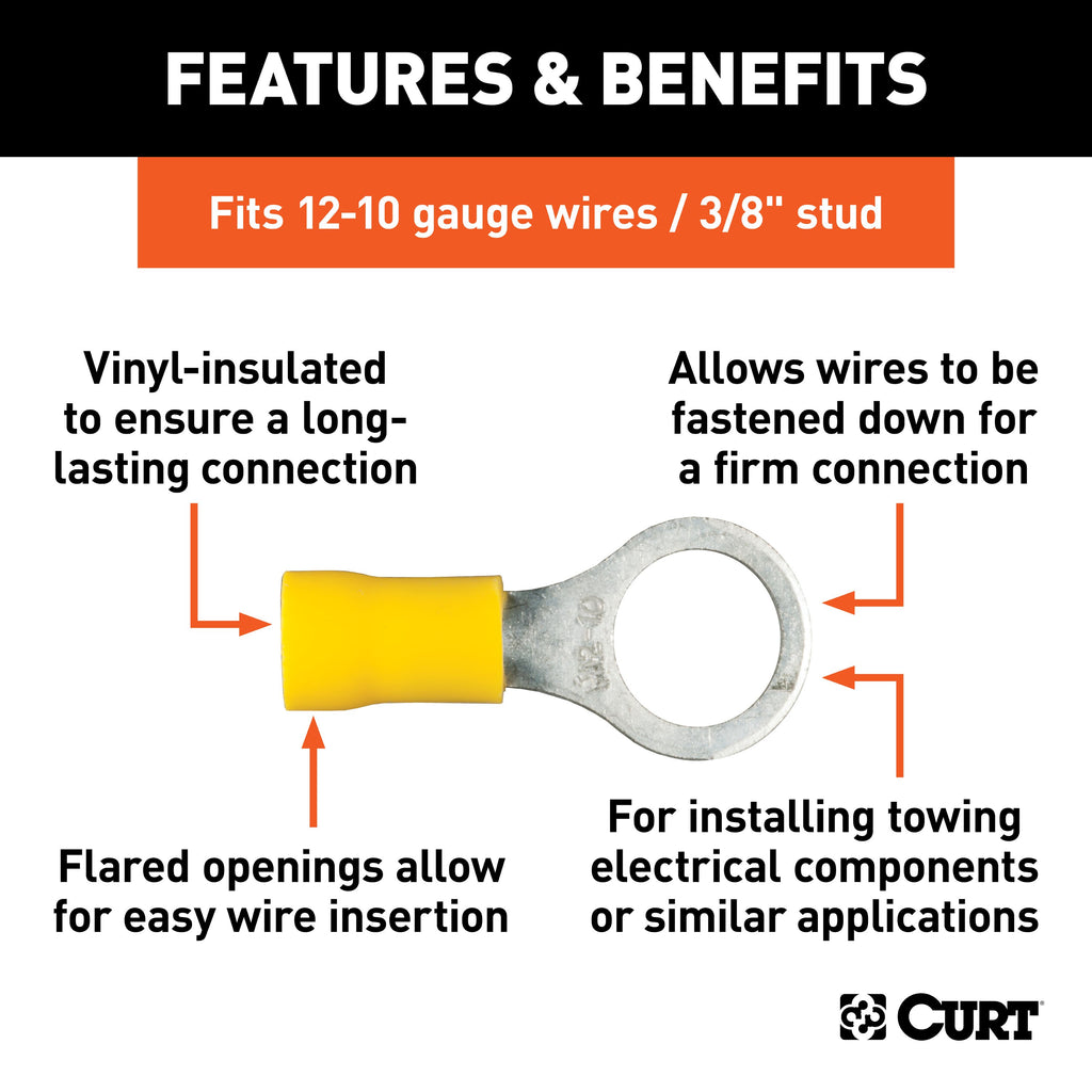 CURT 59538 Ring Terminals (12-10 Wire Gauge, 3/8" Stud Size, 100-Pack)