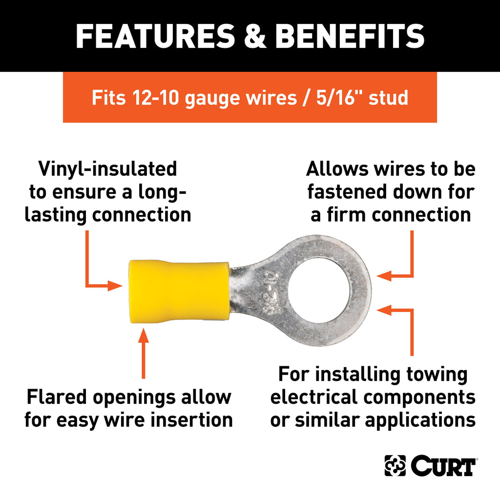 CURT 59556 Ring Terminals (12-10 Wire Gauge, 5/16" Stud Size, 100-Pack)