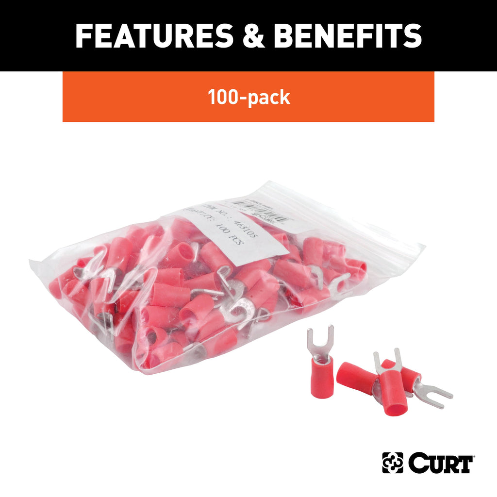 CURT 59611 Spade Terminals (22-18 Wire Gauge, #10 Stud Size, 100-Pack)