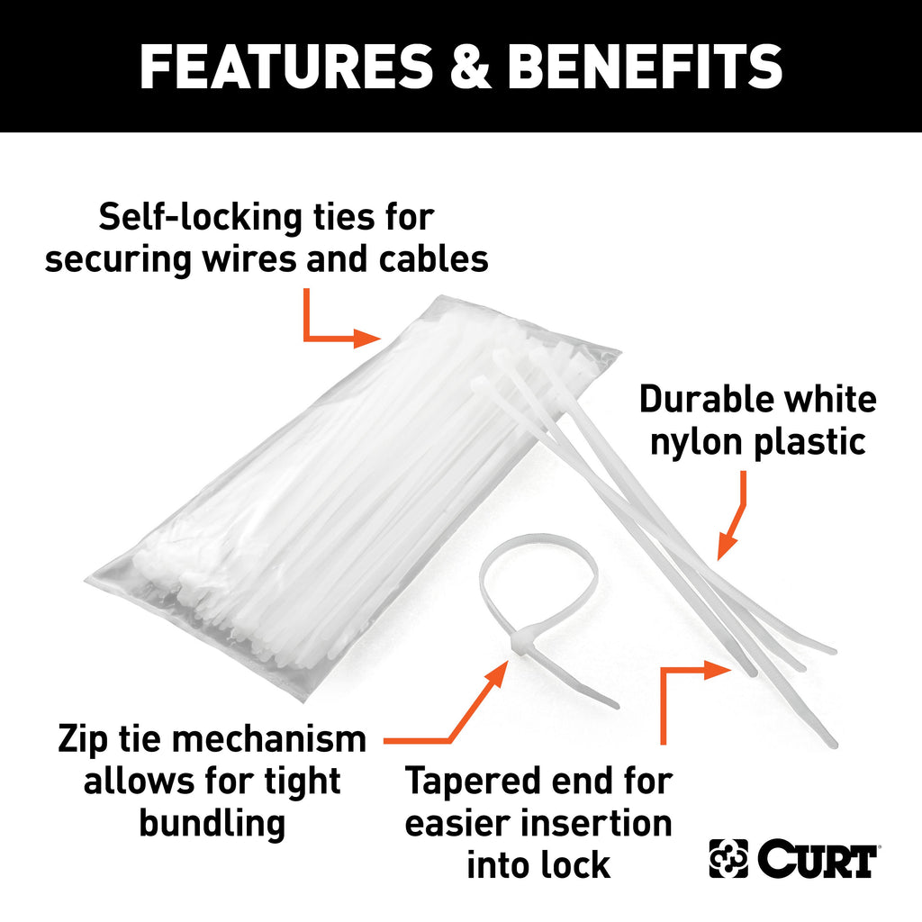 CURT 59732 14-1/4" Plastic Zip Wire Ties (100-Pack)