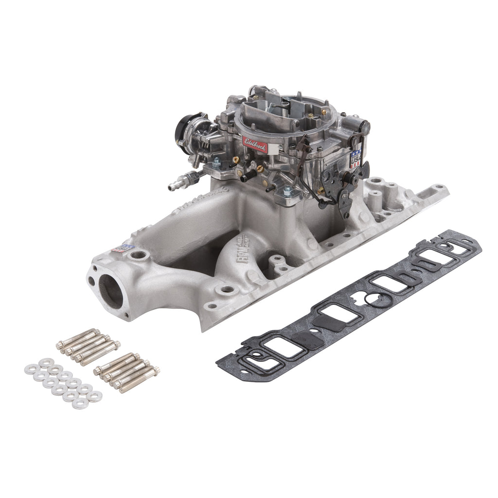 Manifold-And-Carb-Kit-Performer-Rpm-Small-Block-Chevrolet-1957-1986-Natural-Finish