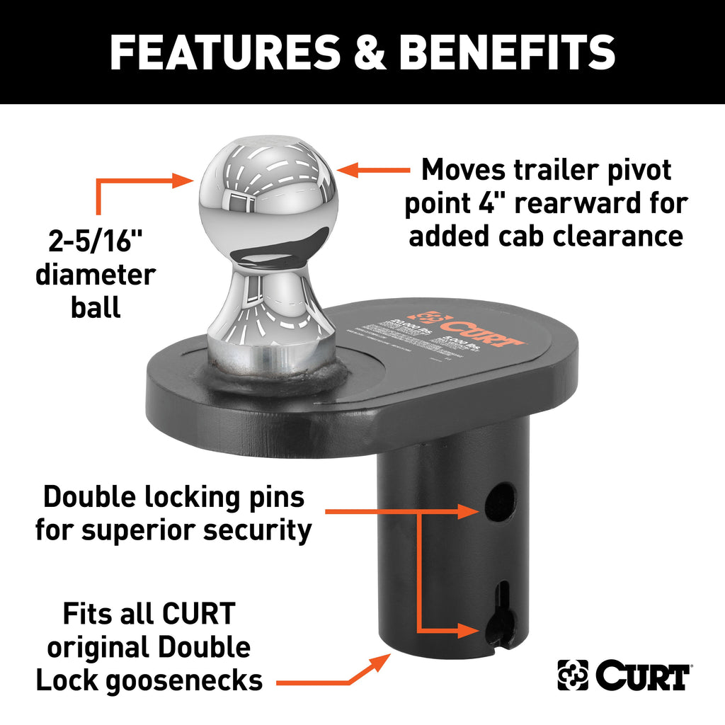 CURT 60602 Double Lock 2-5/16" Offset Gooseneck Ball (4" Rearward Offset)