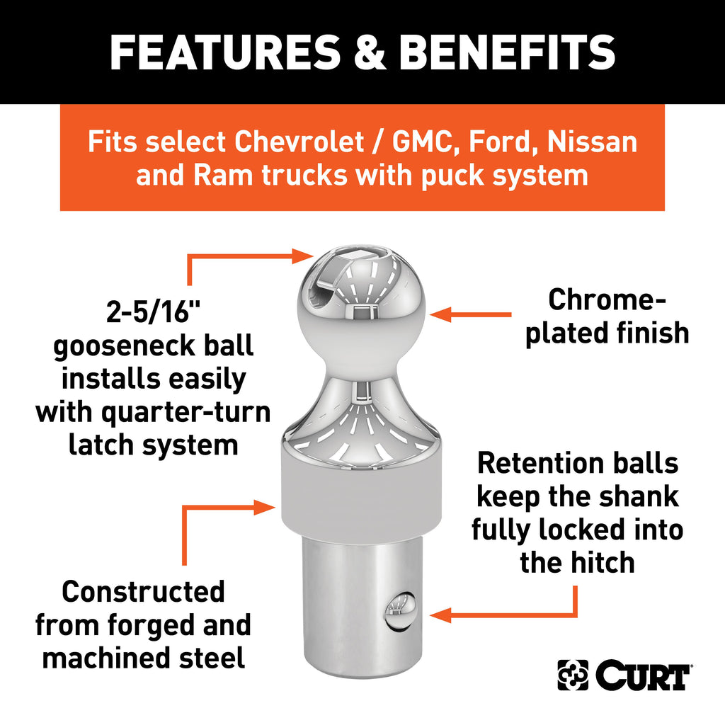 CURT 60629 OEM Puck System 2-5/16" Gooseneck Ball, Chevrolet, Ford, GMC, Nissan, Ram (30K)