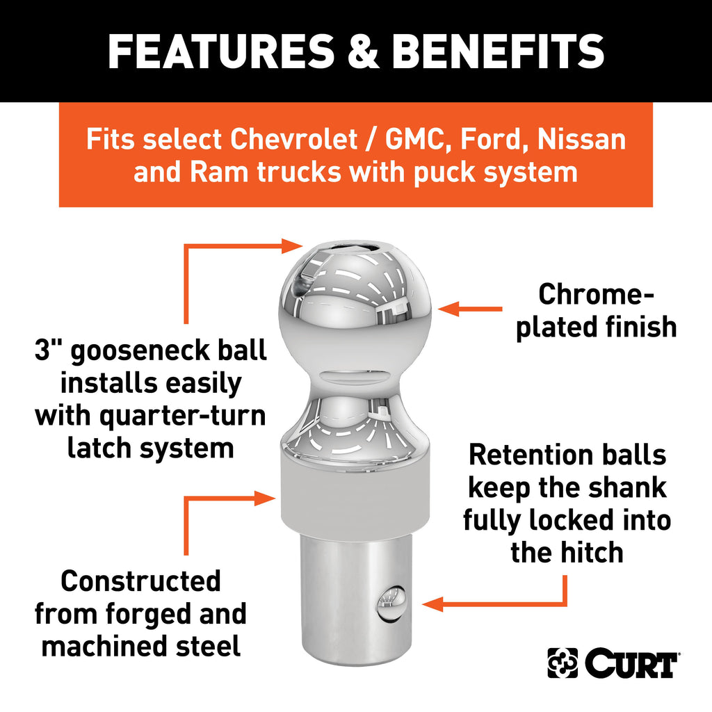 CURT 60634 OEM Puck System 3" Gooseneck Ball, Chevrolet, Ford, GMC, Nissan, Ram (38K)