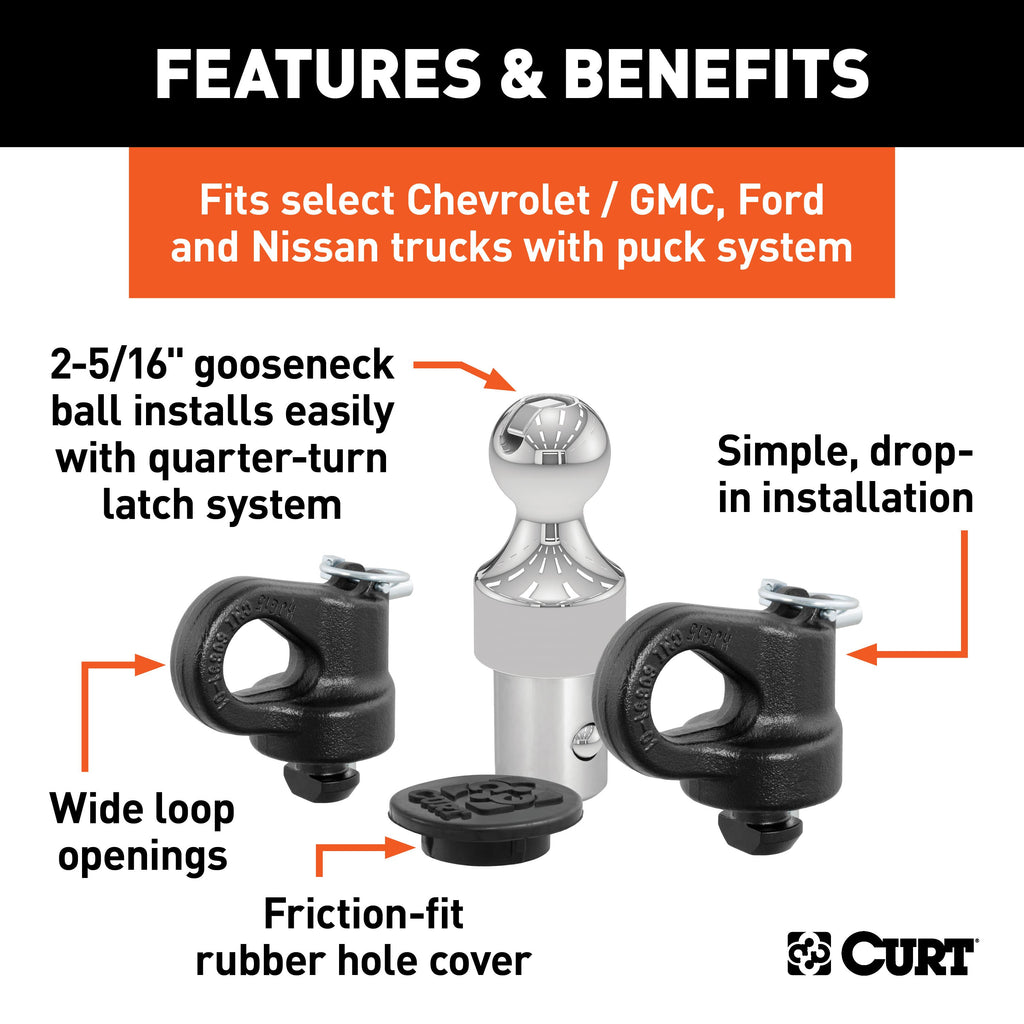 CURT 60639 OEM Puck System 2-5/16" Gooseneck Kit, Chevrolet, Ford, GMC, Nissan (38K) for Select Chevrolet Silverado HD, Chevrolet Silverado HD, Ford F-250 Super Duty, Ford F-350 Super Duty, Ford F-450 Super Duty, GMC Sierra HD, GMC Sierra HD, Nissan