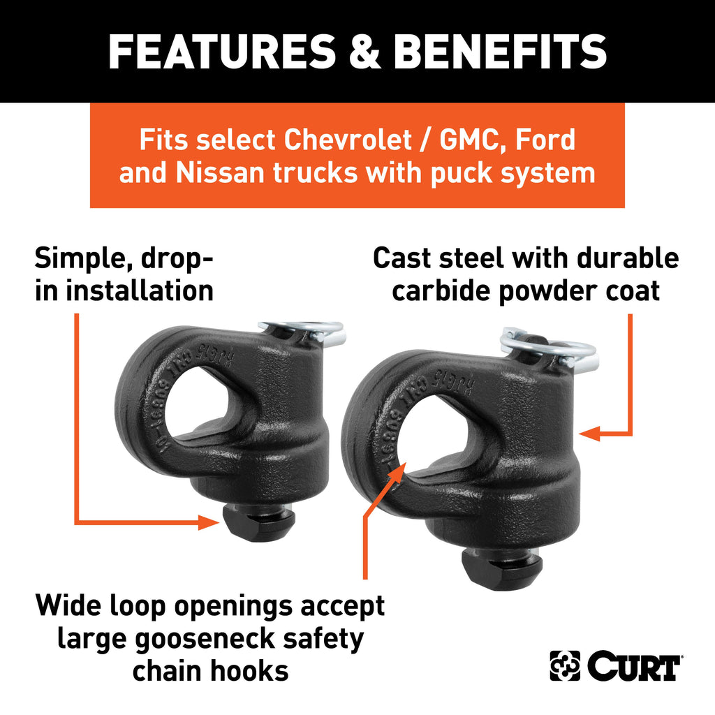 CURT 60691 OEM Puck System Gooseneck Safety Chain Anchors, Chevy, Ford, GMC, Nissan (38K) for Select Chevrolet Silverado HD, Chevrolet Silverado HD, Ford F-250 Super Duty, Ford F-350 Super Duty, Ford F-450 Super Duty, GMC Sierra HD, GMC Sierra HD, Nissan