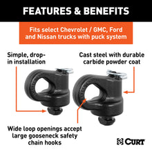 Load image into Gallery viewer, CURT 60691 OEM Puck System Gooseneck Safety Chain Anchors, Chevy, Ford, GMC, Nissan (38K) for Select Chevrolet Silverado HD, Chevrolet Silverado HD, Ford F-250 Super Duty, Ford F-350 Super Duty, Ford F-450 Super Duty, GMC Sierra HD, GMC Sierra HD, Nissan