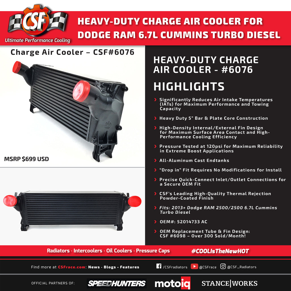 CSF Cooling - Racing & High Performance Division 6076 13-17 Ram 2500 / 3500 6.7L Cummins Turbo Diesel Heavy Duty Intercooler for Select Ram 2500, Ram