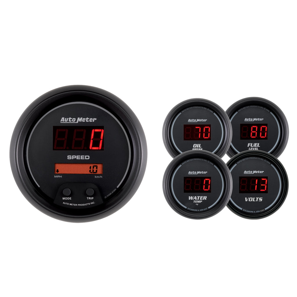 AutoMeter 6300 GAUGE KIT, 5 PC., 3 3/8" & 2 1/16", ELEC SPEEDO, DIGITAL, BLACK DIAL W/ RED LED