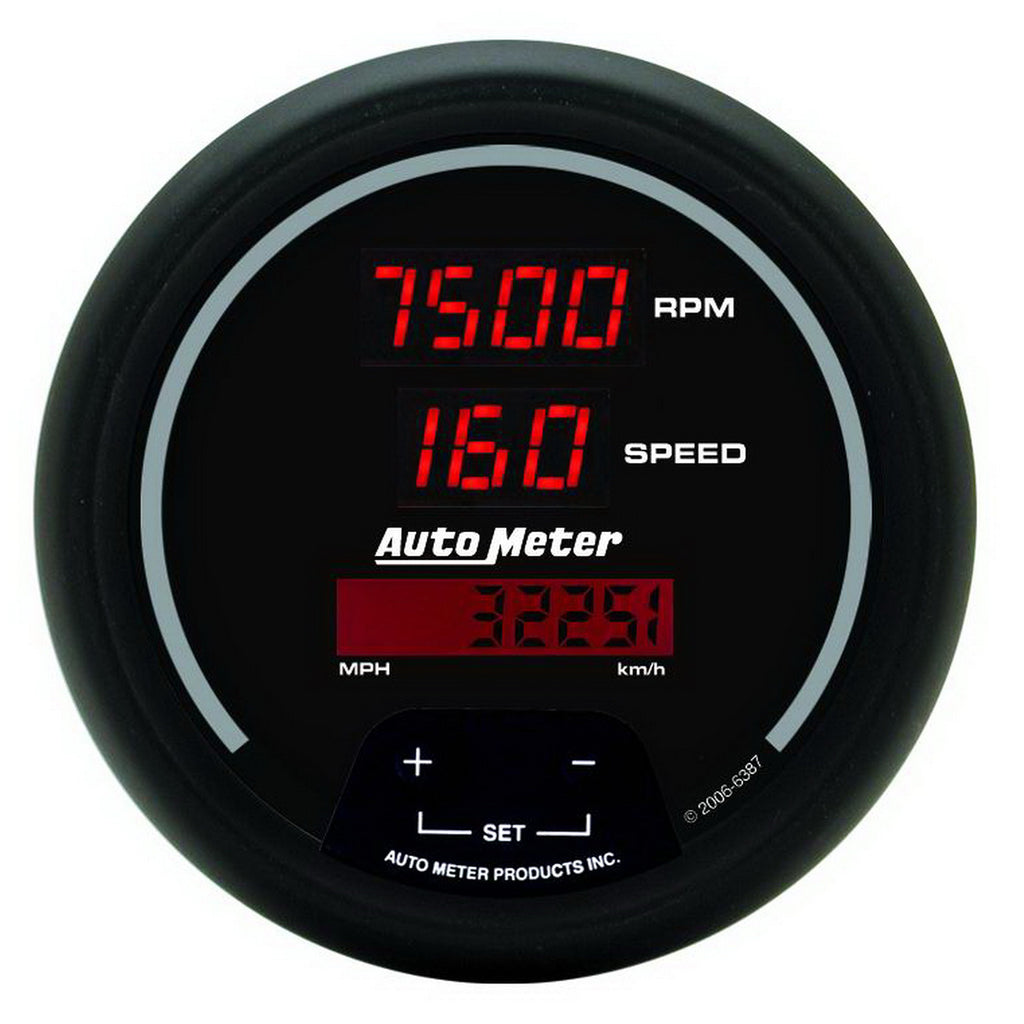 AutoMeter 6387 GAUGE, TACH/SPEEDO, 3 3/8", 260MPH/260KMH / 10KRPM, PROGRAM, DIG, BLK W/ RD LED