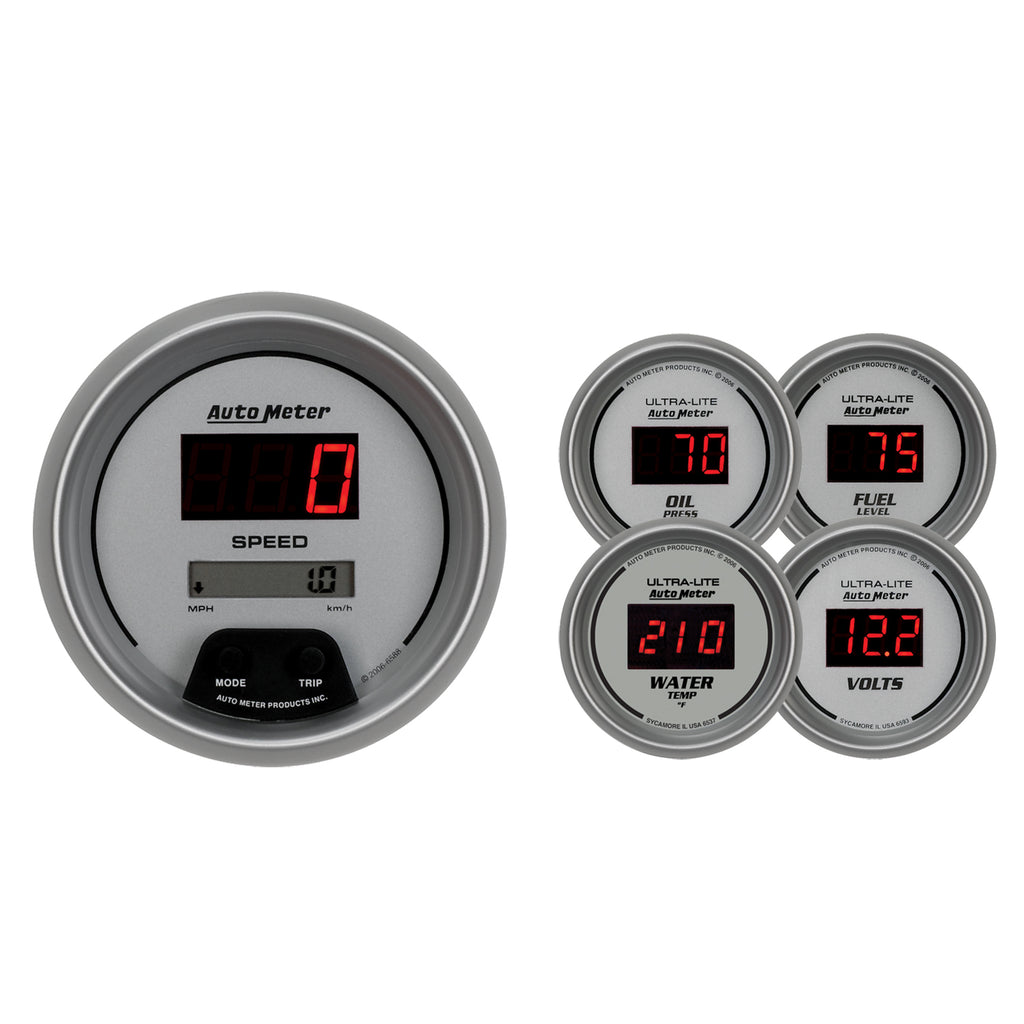 AutoMeter 6500 GAUGE KIT, 5 PC., 3 3/8" & 2 1/16", ELEC. SPEEDO., DIGITAL, SILVER W/ RED LED