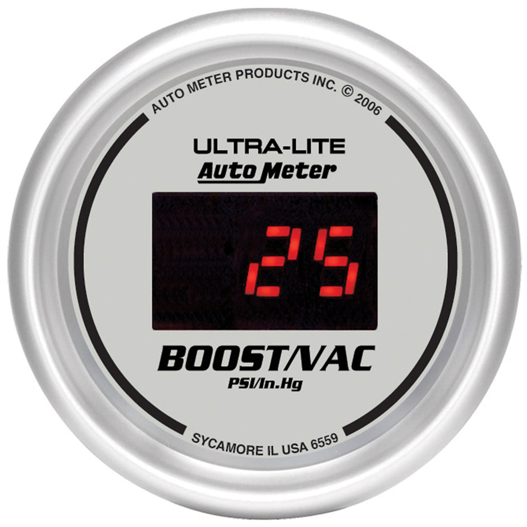 AutoMeter 6559 GAUGE, VAC/BOOST, 2 1/16", 30INHG-30PSI, DIGITAL, SILVER DIAL W/ RED LED