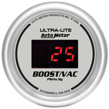 Load image into Gallery viewer, AutoMeter 6559 GAUGE, VAC/BOOST, 2 1/16", 30INHG-30PSI, DIGITAL, SILVER DIAL W/ RED LED