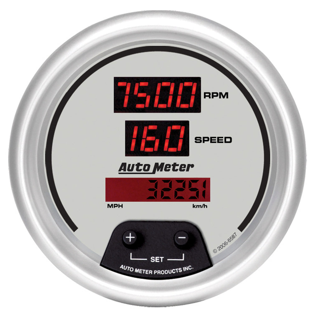 AutoMeter 6587 GAUGE, TACH/SPEED, 3 3/8", 260MPH/260KMH/10KRPM, ELEC PRGRM, DIG, SLVR W/ RD LED